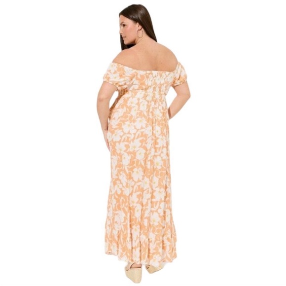Torrid maxi gauze off shoulder tie front dress floral peach size 1 / 1X / 14-16 - Picture 2 of 5